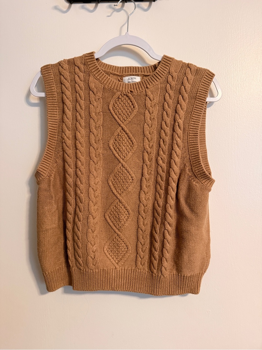 J. Crew Cable-Knit Sleeveless Crewneck Sweater Vest — Camel